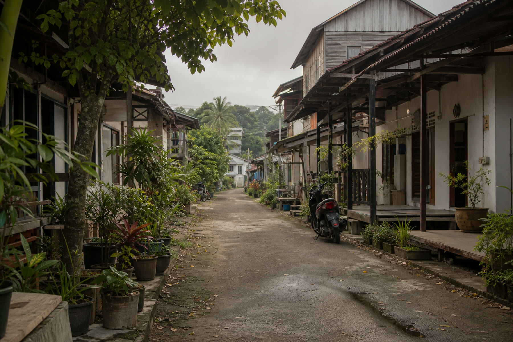 Illustrative view of a quiet Samarinda lane with timber houses, porches, plants and motorbikes