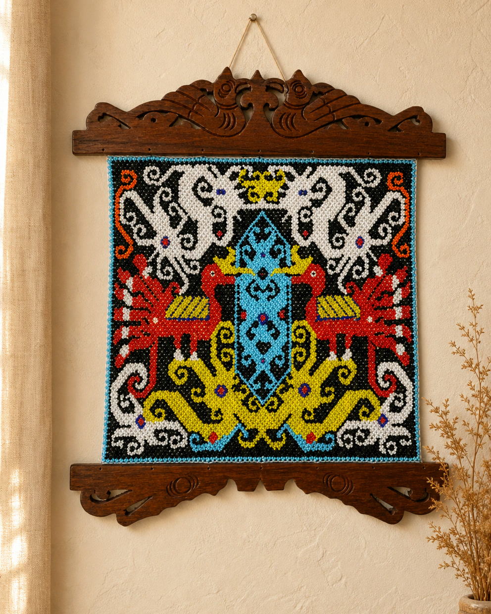 Ulin-framed Dayak bead wall hanging in a warm interior